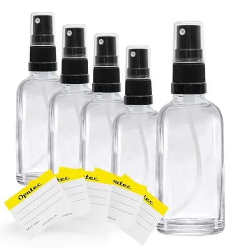 Oputec 5x 30 ml Sprühflaschen aus Glas mit Zerstäuber - Klarglasflaschen mit feinem Sprühkopf - Kleine Pumpspray-Flasche zum Befüllen