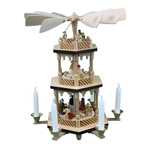Weihnachtspyramide Erzgebirge Richard Glässer Christi Geburt 2-stöckig - Tischkrippe aus echter Handwerkskunst im Erzgebirge. Mit 6 Kerzenhaltern und 200 Einzelteilen wird die Heilige Geschichte lebendig. Ein Meisterwerk der Holzkunst mit 80 Jahren Originalqualität.