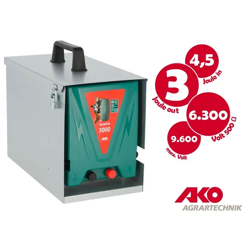 AKO Savanne 3000 12 V Weidezaungerät - Weidezaungerät mit Metallbox, bietet zuverlässige Sicherheit für Ihre Tiere, betrieben mit 12 V Batterie oder Netz.