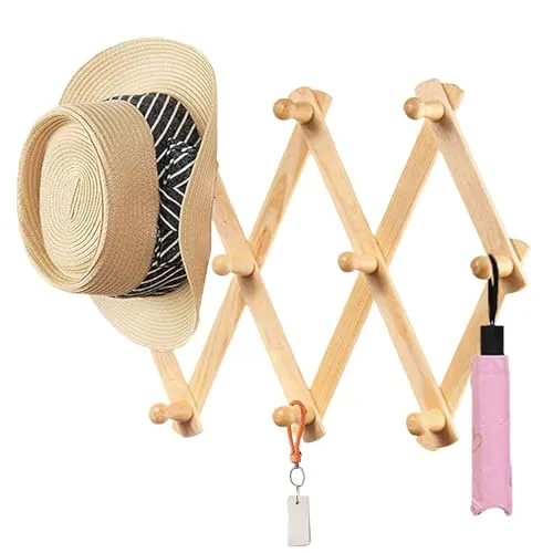YUEMING Garderobenhaken mit 10 Haken, Wandgarderobe Faltbarer Kleiderhaken aus Holz für Jacken, Mäntel, Schals, Handtaschen, Hüte u. Mehr, Design Garderobenleiste Ausziehbar