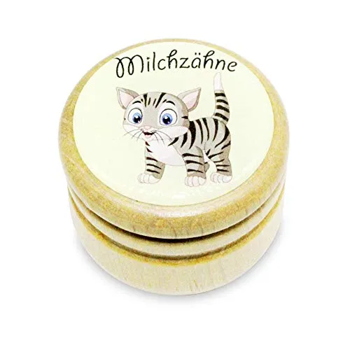 GICO Milchzahndose, Zahndose Milchzähne Bilderdose mit diversen Motiven aus Holz für Jungen und Mädchen mit Drehverschluss 44 mm (Katze)