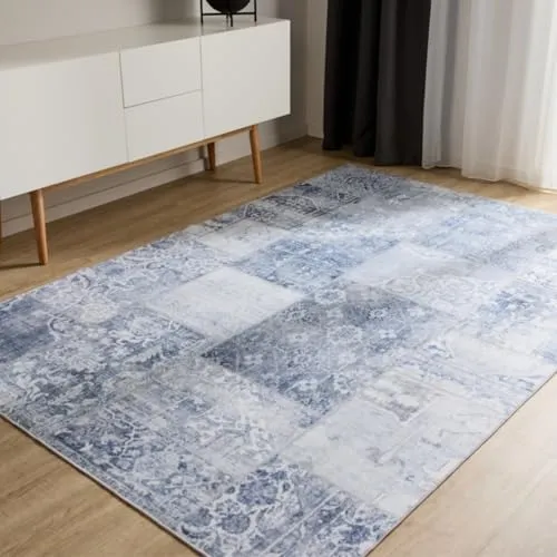 benuta Basic Waschbarer Teppich George - Blau 60x120 cm - Vielseitiger Vintage-Teppich für Wohnzimmer und Schlafzimmer, pflegeleicht und maschinenwaschbar bei 30°. Mit rutschfester Rückseite für sicheren Halt und ideal für lebhafte Haushalte.