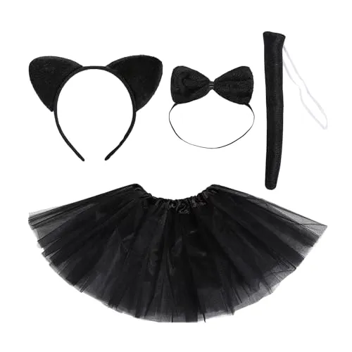 KRYMSON 4-Teiliges Katzenkostüm-Set, Katzenkostüm Für Kinder, Katzenstirnbänder Für Kinder, Katzenschwanz Und Fliege, Katzenschwanzkostüm, Katzenkostüm Für Mädchen, Halloween-Katzenkostüm Für Kinder