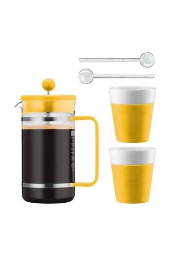Bodum French Press Kanne Set mit 2 Porzellantassen - Kaffeebereiter Set mit silbernem Permanentfilter und zwei eleganten Keramikbechern für perfekten Kaffeegenuss, ideal für stilvolle Kaffeepausen.