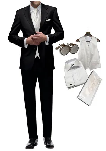 Freiherr von Falkenhausen Hochzeitsanzug 7 teiliges Set schwarz Slim + Set Hochzeitsweste & Hemd Set Anzug (Sakko & Hose), Hochzeitshemd, Hochzeitsweste, Plastron usw