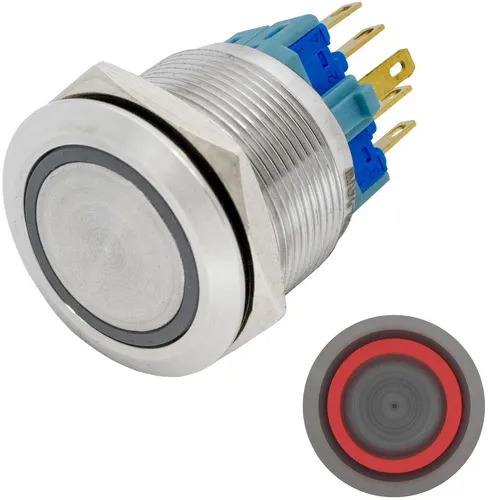 Edelstahl Druckschalter Flach Ø22mm Ring LED Rot IP65 2,8x0,5mm Pins 250V 3A Van