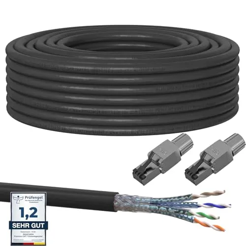 25m Cat7 Erdkabel Verlegekabel + 2x RJ45 Stecker Werkzeuglos CAT 8 Outdoor Lan Kabel Installationskabel CAT 7 Ethernet Netzwerk 1000MHz Datenkabel AWG23/1 Netzwerkkabel für Außenbereich UV-beständig
