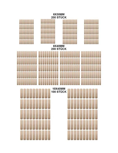Holzdübel/Riffeldübel-Paket 6 mm / 8 mm / 10 mm 500 Stück (0034)