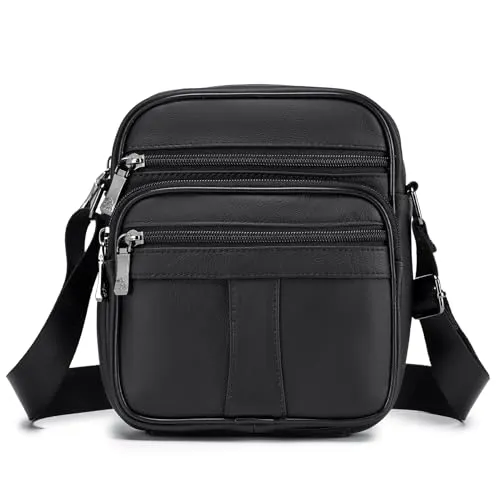 BAGZY Umhängetasche Herren Klein Leder Vintage Schultertasche Herrenhandtasche Umhängetaschen für Männer Herrentasche Zum Umhängen Handtasche Crossbody Sling Bag für Messenger Brustbeutel Schwarz