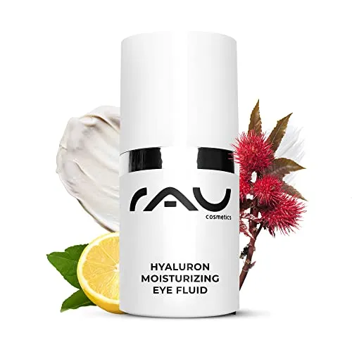 RAU Cosmetics Augencreme Hyaluron Moisturizing Eye Fluid - Augencreme mit Hyaluronsäure, Rizinusöl & Vitamin E für eine straffere, feuchtigkeitsreiche Augenpartie. Reduziert Trockenheitsfältchen und lässt die Haut praller und jünger wirken.