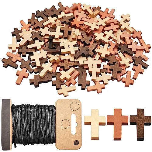 Saijer Holz Kreuz Anhänger,150 Stück Holzkreuz Mit 1 Rollen Gewachste Polyester Schnur 15M Streuartikel Taufe Verzierung 3 Farbe Segen Kreuz Charm für DIY Halskette Schmuck Zubehör Taufe Kommunion