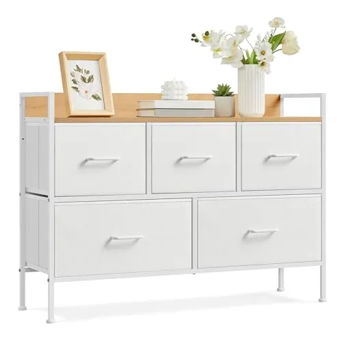 SONGMICS Kommode, Schrank, 5 Stoffschubladen mit Griffen, Metallgestell, Industrie-Design, wolkenweiß-eichenbeige LTS135W01