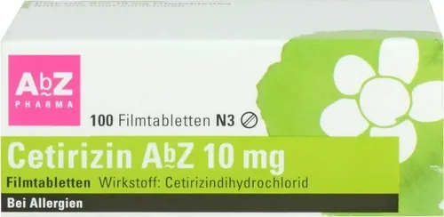 CETIRIZIN AbZ 10 mg Filmtabletten - 100 Stück - Praktische Filmtabletten zur Unterstützung bei Allergien. Einfach eine Tablette täglich für schnelle Linderung von Beschwerden.
