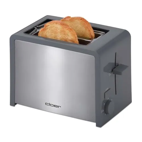 Cloer 3215 Toaster grau Edelstahl für 2 Toastscheiben - Standard-Toaster mit 825 Watt Leistung, Sicherheitsabschaltung und Brötchenaufsatz für perfektes Toasten und einfaches Handling.