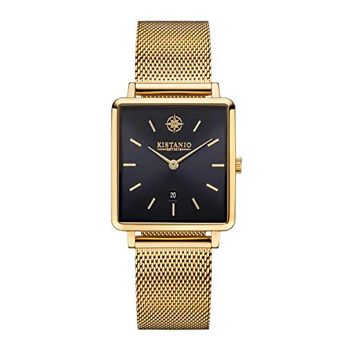 Kistanio Carre Damenuhr mit Milanaiseband Datum Edelstahl Goldfarben Schwarz Saphirglas CAR-GO-BLKS-M