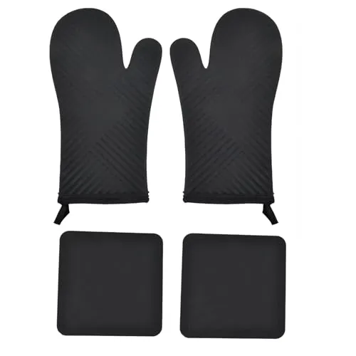 Culinavog Silikon Ofenhandschuh Set, Topflappen Handschuh, Doppelt Hitzebeständig, Handtuch-Innenfutter, rutschfeste Topfhandschuhe, Ofenhandschuhe für Küche, Cooking, 2 Silikon Untersetzer Schwarz