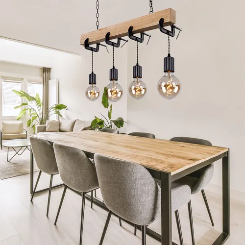 Holzleuchte Pendellampe Vintage 4-flammig - Lampen: Elegante Hängeleuchte mit 4 E27 Fassungen, individuell gestaltbar durch eigene Leuchtmittelwahl, ideal für Esszimmer und moderne Wohnräume.