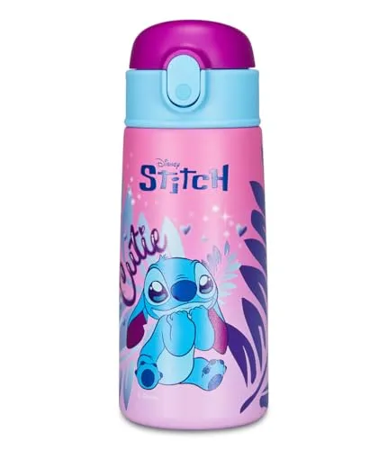 Seven Lilo & Stitch Trinkflasche, Thermosflasche, Wasserflasche, Thermosflasche aus Edelstahl, BPA-frei, 500 ml, Silikondeckel, Kinder, Jungen, Mädchen, Geschenkidee, rosa