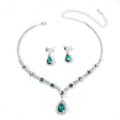 AOWVUTS Schmucksets für Damen Strass Kristall Kette Anhänger Ohrringe mit Zirkonia Tropfen Cluster Statement Halskette Ohrringe Set Verlobung Braut Brautjungfer Prom Hochzeits Schmuck