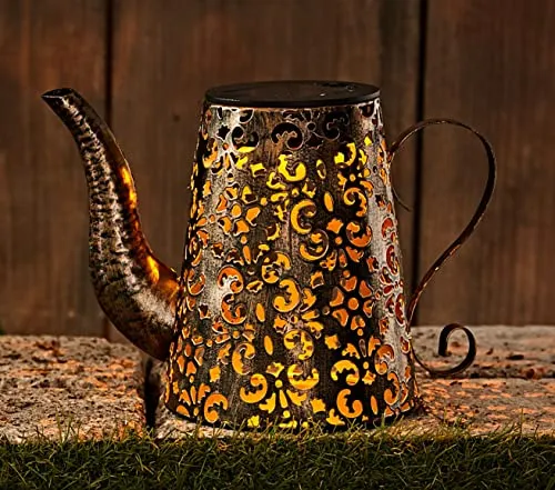 LED Solar Leuchte Metall Gießkanne - 19 x 14 cm - Vintage Deko Garten Lampe in Rost Optik - Outdoor Laterne nostalgisch antik beleuchtet