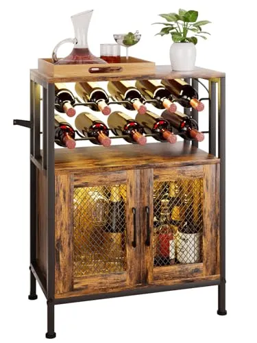 Yorbay Weinschrank aus Metall und Holz mit LED-Beleuchtung – Stilvoller Barschrank für 10 Flaschen - Vielseitiger Weinschrank im Industriestil mit Platz für 10 Flaschen und 6 Gläsern. Ideal als Kaffeebar oder für diverse Aufbewahrungslösungen. Robuste Bauweise und magnetische Gittertür für optimale Belüftung.