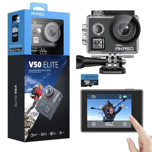 AKASO V50 Elite Action Cam – 4K Video & 20MP Unterwasserkamera - Die AKASO V50 Elite Action Cam bietet beeindruckende 4K60FPS Aufnahmen und ist bis 40m wasserdicht. Mit EIS für stabile Videos und Sprachsteuerung für freihändige Bedienung ideal für Abenteuer und Sport.