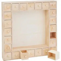 VBS Adventskalender Rahmen aus Sperrholz, 36,5 x 36,5 x 6,5 cm - Adventskalender aus unbemaltem Sperrholz, ideal zum kreativen Gestalten. Mit 24 Schubladen für Überraschungen, perfekt für die Vorweihnachtszeit!