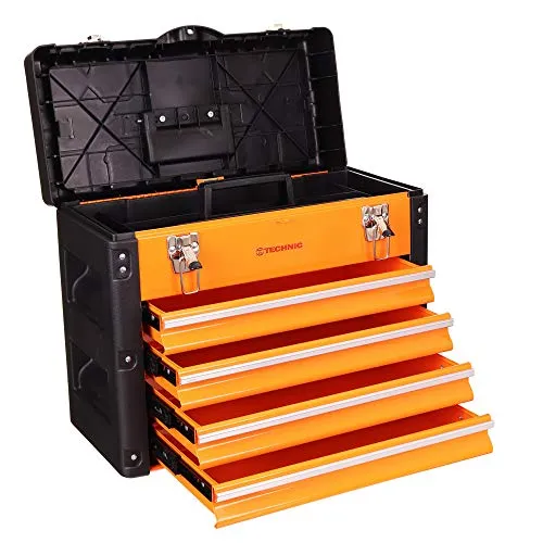 Werkzeugkoffer Box mit 4 Schubladen und Blockade - 50 x 40 x 23cm - Robuster Werkzeugkasten mit 4 Schubladen und sicherer Blockade. Ideal für Ordnung und Stabilität. Der Tragegriff ermöglicht flexibles Arbeiten.