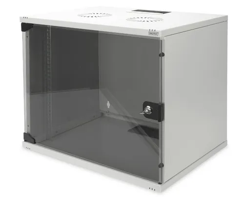 DIGITUS Netzwerk-Schrank 19 Zoll 9 HE - Wandmontage, robustes Stahlblech, 60 kg Traglast und elegante Glastür für optimale Belüftung