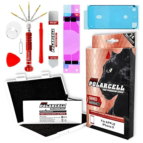 PolarCell Akku für Apple iPhone 8-8G | inklusive Werkzeugset & Rahmenkleber im Profi-Set | 2200mAh | 20% mehr Kapazität als die Original-Batterie | A1905 A1863 A1906 | A+ Qualitätszellen