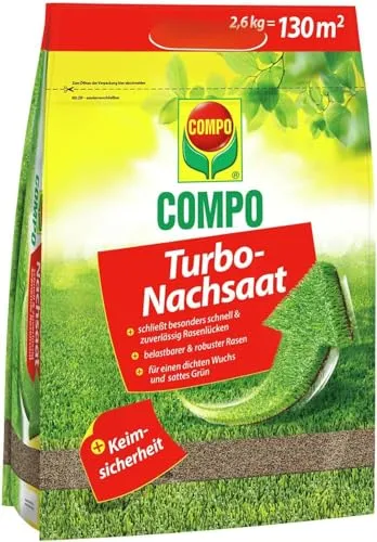 Compo Rasensamen Turbo-Nachsaat 2,6kg - Spezialwerkzeug für Rasenreparatur, schnellkeimend und ideal für stark beanspruchte Flächen bis 130m². Stärkt den Rasen durch dichte, belastbare Ausläufer und reduziert Unkrautbildung.