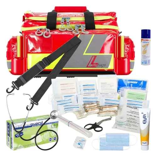 aluderm by Söhngen SÖHNGEN Lifebag Notfalltasche M, rot/silber/gelb, DIN 13157 mit Zusatzmaterial, Art.-Nr. 611053 | Erste Hilfe Tasche | Sanitätstasche | Notfalltasche