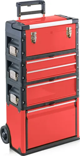 Werkzeugtrolley 4-fach 1k.1.2.1 Comfort rot - Robuster Werkstattwagen aus Kunststoff und Stahl, flexibel kombinierbar mit kugelgelagerten Schubladen für einfachen Zugriff. Ideal für Werkstatt, Garage oder Zuhause.