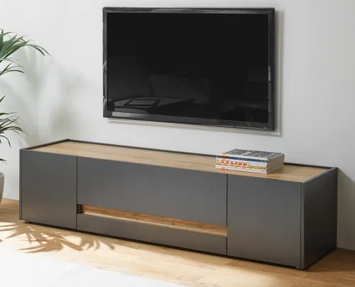 Furn.Design TV-Lowboard Center in grau matt und Wotan Eiche - Modernes TV-Lowboard mit eleganter grauer Matt-Oberfläche und Wotan Eiche Akzenten, bietet viel Stauraum und ist pflegeleicht für Ihr Wohn- oder Esszimmer.