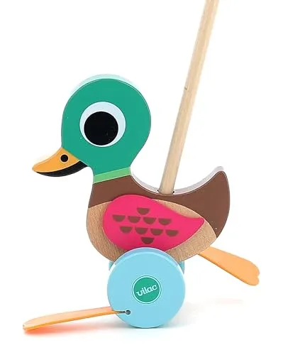 Vilac VIL7785 Ente zum Schieben, Mehrfarbig - Nachziehspielzeug aus Holz, ideal für Kinder ab 2 Jahren, fördert die motorischen Fähigkeiten und das kreative Spiel.