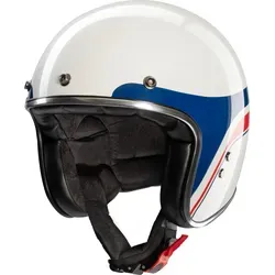 Redbike RB-803 Silverstone Jethelm - Weiß/Blau/Rot - M - Motorradhelm mit langlebiger Fiberglas Außenschale und auffälliger Metallic-Lackierung, ideal für Sicherheit und Stil auf der Straße.