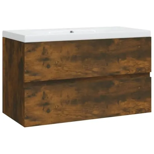vidaXL Waschbeckenschrank mit Einbaubecken in Räuchereiche - Waschplätze: Stilvoller Unterschrank mit robustem Holzwerkstoff und leicht zu reinigendem Keramikbecken, bietet viel Stauraum und harmoniert perfekt mit jedem Badezimmer.