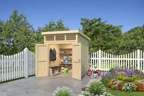 Gartenhaus Holz 28mm KIBO 1 - Gartenhaus aus robustem Holz mit 28mm Wänden, ideal für die Aufbewahrung von Gartenwerkzeugen und Möbeln, bietet Schutz bei jedem Wetter.