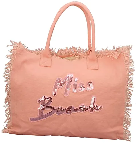 Miss Beach XXL Badetasche Rosa - Damen-Shopper aus robustem Canvas mit modischem Pailletten-Aufdruck, ideal für Strand, Sauna und Picknick. Mit Reißverschluss und separatem Fach für Wertsachen.