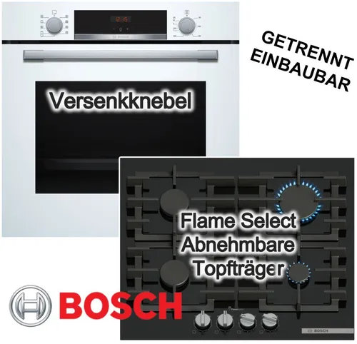 Bosch Herdset Backofen mit Gaskochfeld 60cm 3D Heißluft FlameSelect EcoClean