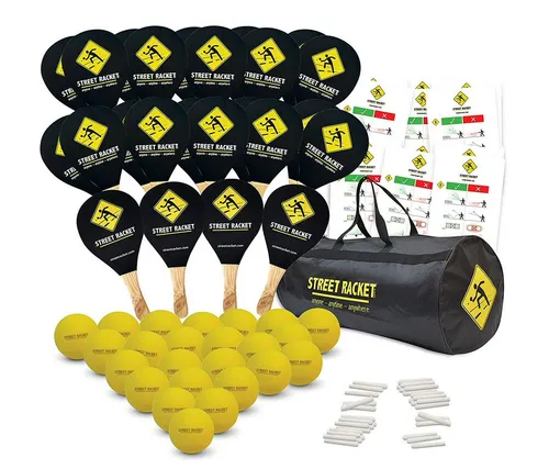 Street Racket Schulsport-Set - 24 Schläger, 24 Bälle, 36 Kreide - Street Tennis - Vielseitiges Rückschlagsport-Set für drinnen und draußen, ideal für Gruppen und Einzelspieler. Verwandeln Sie jede Fläche in einen Sportplatz!