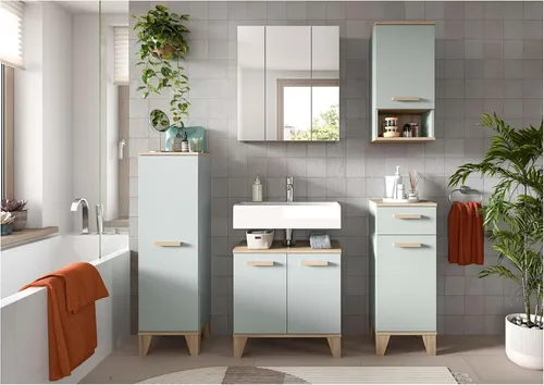 xonox Badezimmer Star 5-tlg. Badkombination in Grün - Moderne Badmöbel-Kombination mit 5 Teilen: Hängeschrank, Spiegelschrank, Waschbeckenunterschrank und zwei Badschränken. Kratzfest und wasserabweisend, ideal für stilvolle Badezimmergestaltung.