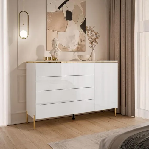 AURORA Kommode Weiß Hochglanz mit goldenen Beinen