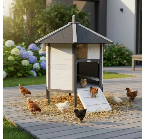 Melko Kleintierkäfig Hühnerstall 6-Eck Braun/Weiß - Käfige für 5-8 Hühner, artgerechte Behausung mit separaten Nestboxen für saubere Eiablage und Schutz vor Witterung.