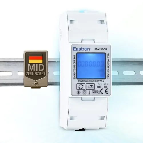 SDM210-DR Einphasen-Stromratenmonitor - Steckdosen & Zubehör: Echtzeit-Energieüberwachung mit MID-Zertifizierung, ideal für präzise Verbrauchsanalyse und effizientes Energiemanagement.