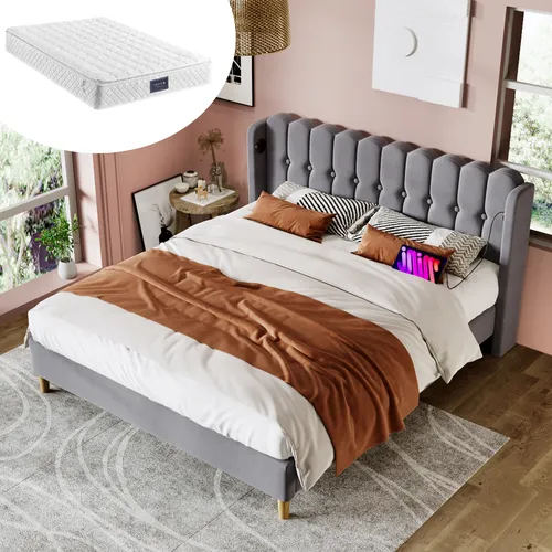 STILVORA Polsterbett 160x200cm Doppelbett mit USB Typ-C Ladefunktion,Jugendbett mit Lattenrost,Samt,Grau(mit Matratze)
