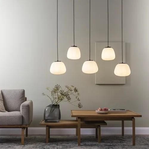 Lightbox Retro Hängelampe | 150 x 125 x 48 cm | kürzbare Pendelleuchte mit geriffeltem Opalglas Lampen-Schirmen | 5 x E27 | aus Metall/geriffeltem Opal-Glas in Matt Schwarz/Weiß