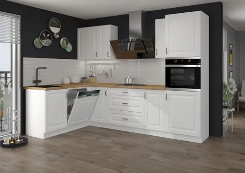 Landhaus Küche Stilo Weiß 170x285cm - Einbauküche mit stilvollem Design, variabel stellbar und ideal für mehr Stauraum