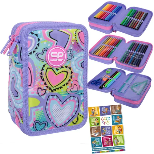 Federmappe 3-Fach Federtasche Gefüllt - Herz Motiv, 46-teilig - Federmappen & Schlamperrollen, ideal für Schüler mit 46 praktischen Teilen und einem liebevollen Herzdesign in bunten Farben.