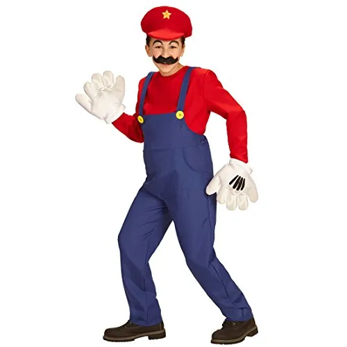 NET TOYS Kinder Super Mario Kostüm Faschingskostüm Klempner 128, 5-7 Jahre Ganzkörperkostüm Super Mario Brothers Superhelden Kinderkostüm